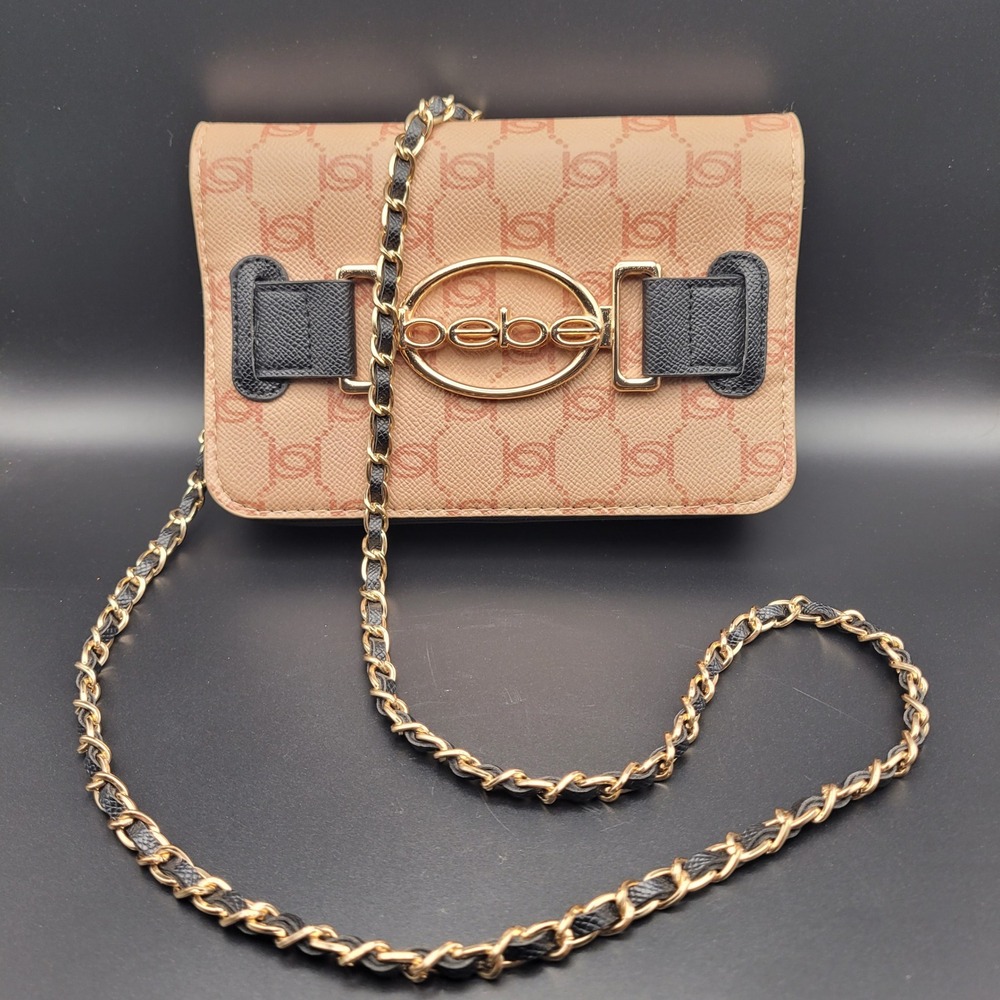 Bebe Leilani Monogram Crossbody Bag Tan Brown Gold Chain Strap Logo Purse
